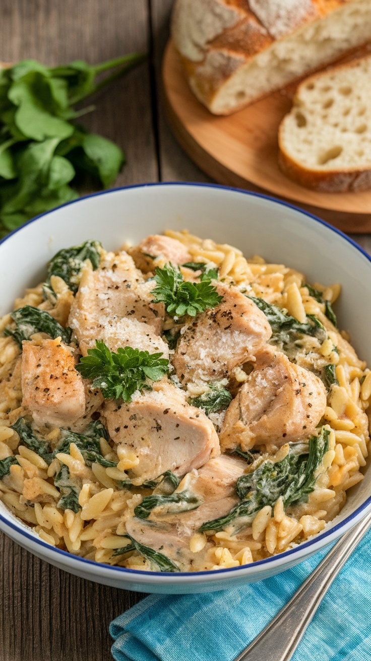 Creamy Tuscan chicken orzo with spinach and sun-dried tomatoes, garnished with parsley and Parmesan on a rustic table.